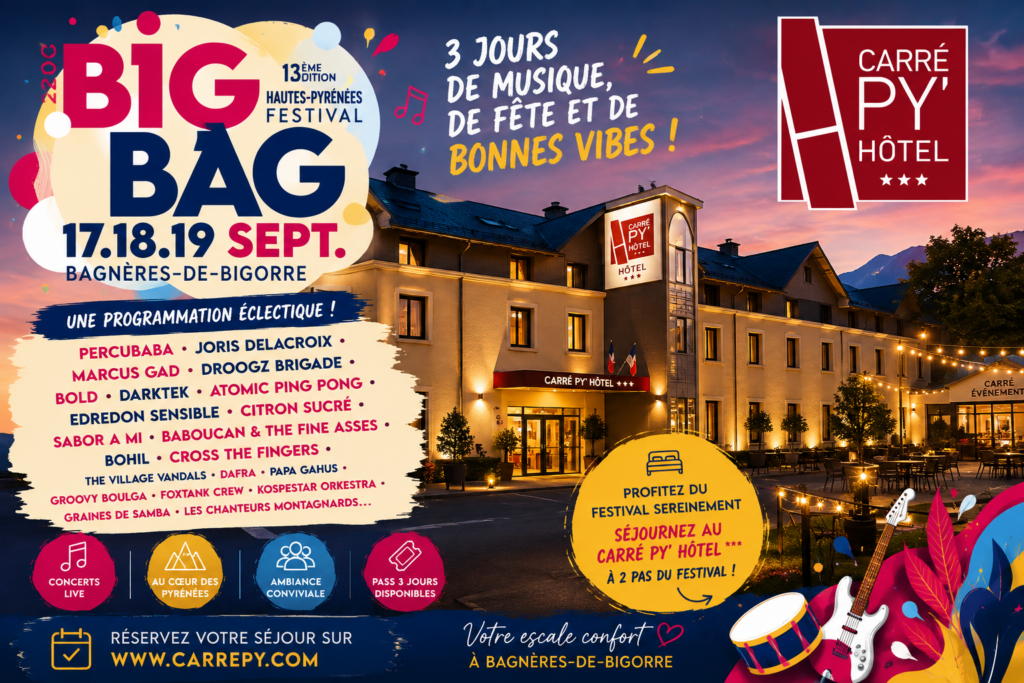 Affiche du Big Bag Festival 2026 à Bagnères-de-Bigorre avec le Carré Py’ Hôtel en arrière-plan